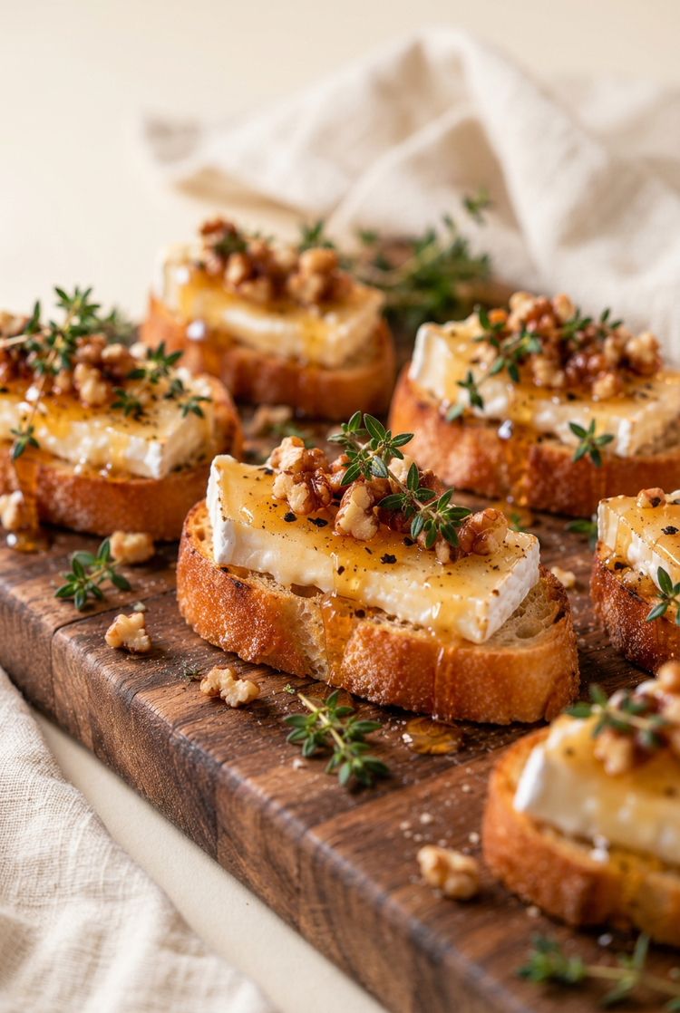 Brie and honey crostini topped with walnuts and fresh thyme on a wooden board